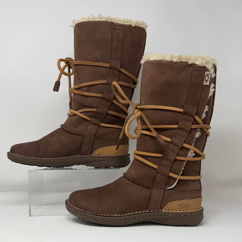 UGG Cantina goober chocolate brown Shearling Lace-Up Tall Boots size 7